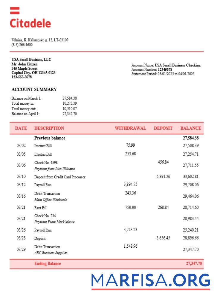 Printable Lithuanian Citadele business firm statement Word and PDF format (1) download for verification